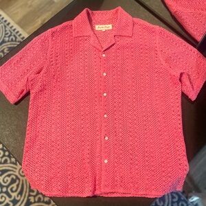 Perte D’ego XL MEN’S Lace Knit Shirt Sheer Open-Weave Pink Button Front Resort